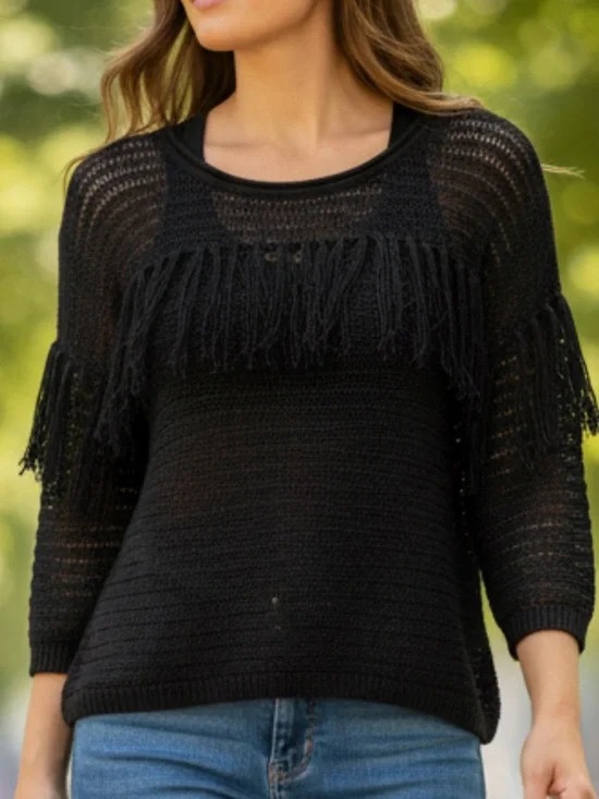 NWT Chelsea & Violet Black Fringe See-Through Knit Top Hi-Low Relaxed Fit - Picture 1 of 13